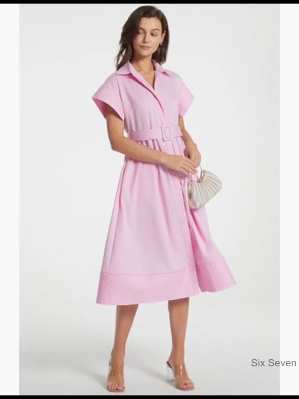 Polyester Cotton Button Down Shirt Dress with Belt Casual Midi Dress - Picture 4 of 7
